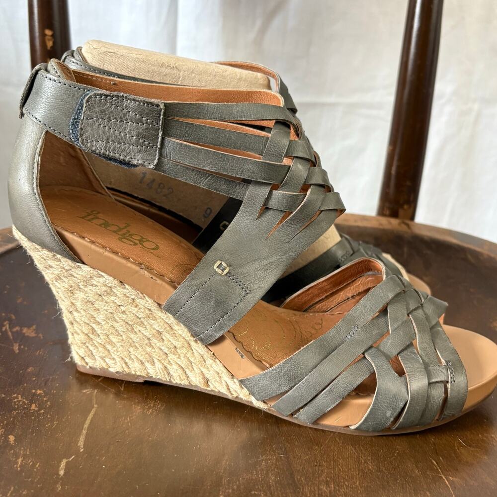 Indigo by Clarks Gray Leather Strappy Espadrille Wedge Sandals 9 Medium New